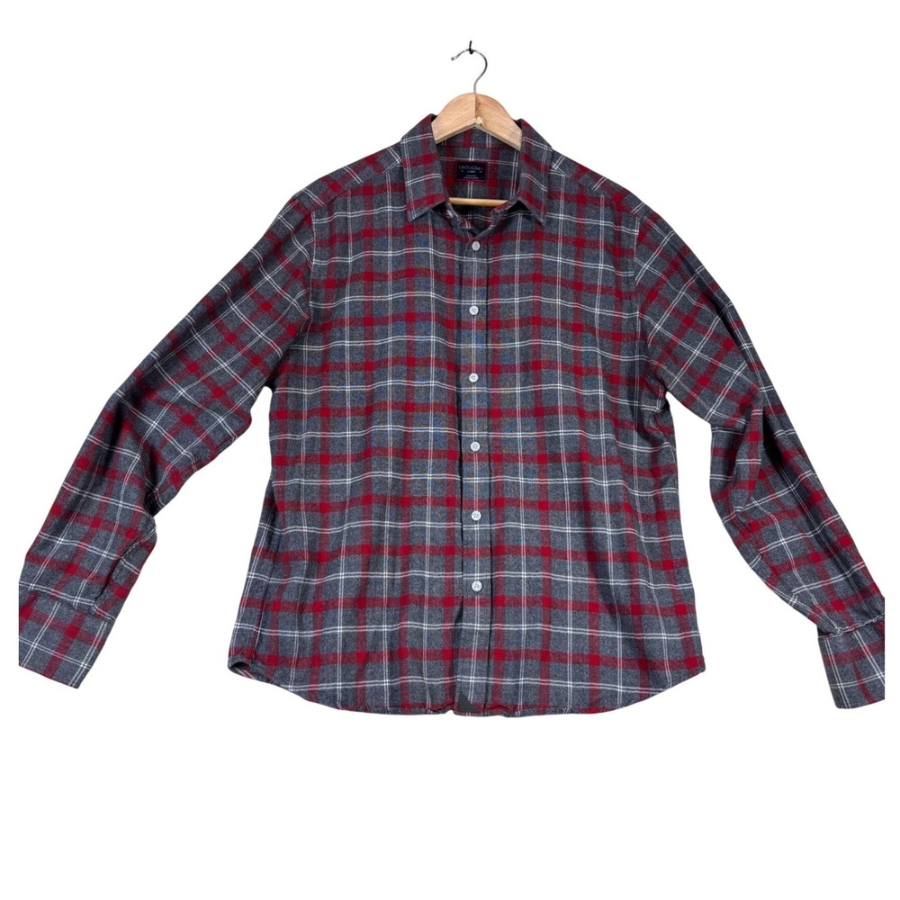 UNTUCKit Mens Large Grey Red Plaid Long Sleeve‎ 100% Cotton Button Down Shirt